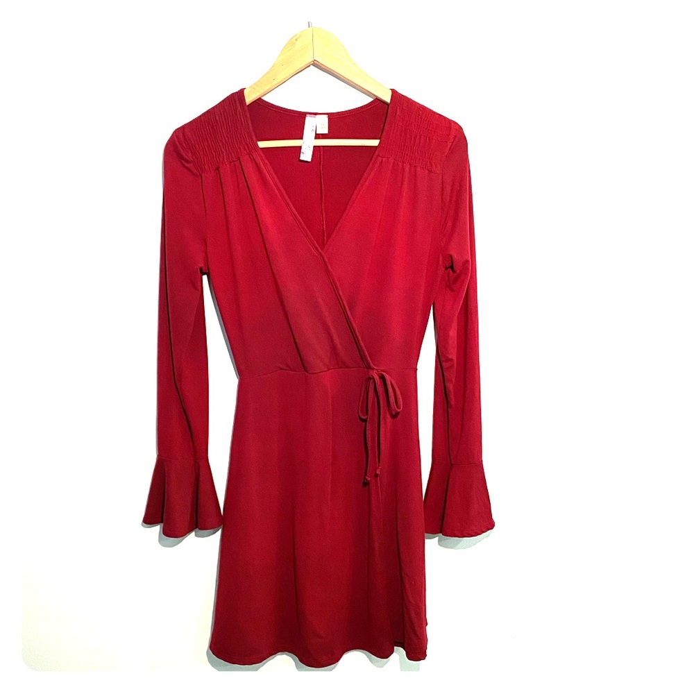Misses faux wrap dress with flutter sleeves
